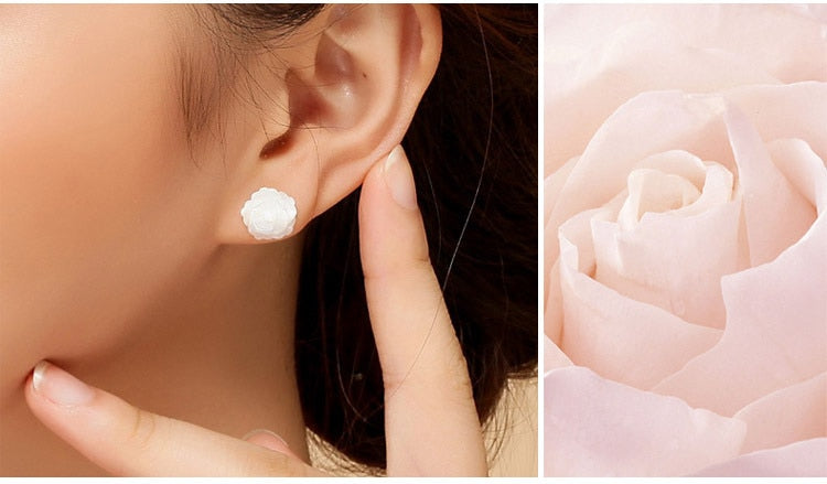 White Rose Stud Earrings