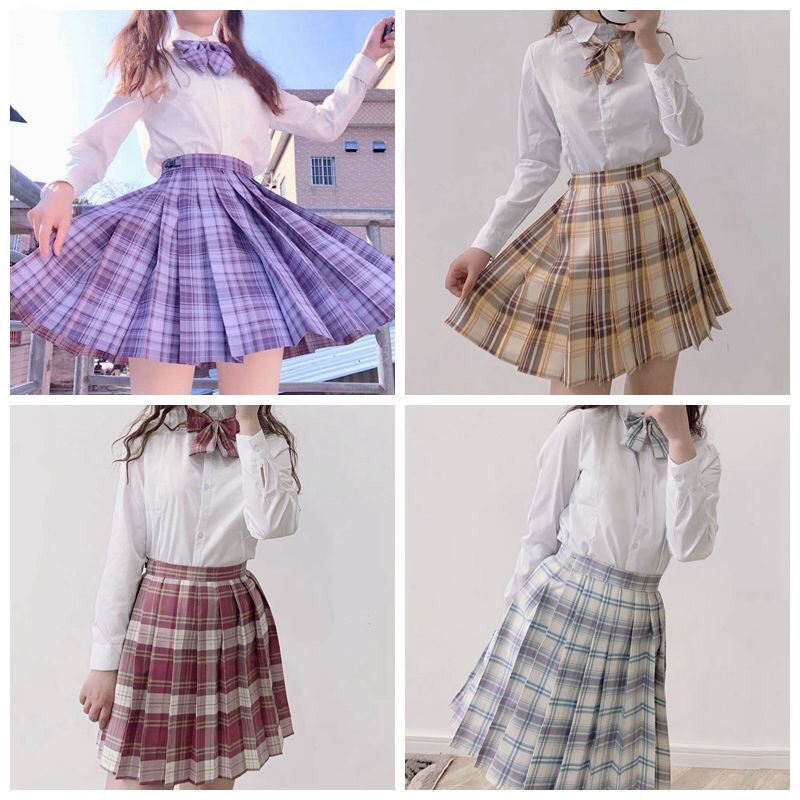 Light-Style Plaid Pleated Skirt with Matching Bow