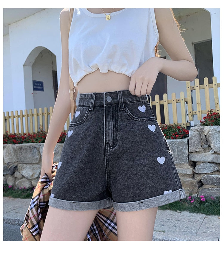 New Love Embroidered Denim Shorts