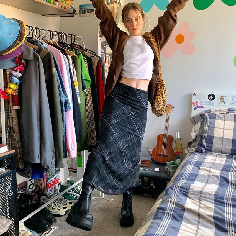 Grunge '90s Long Plaid Skirt