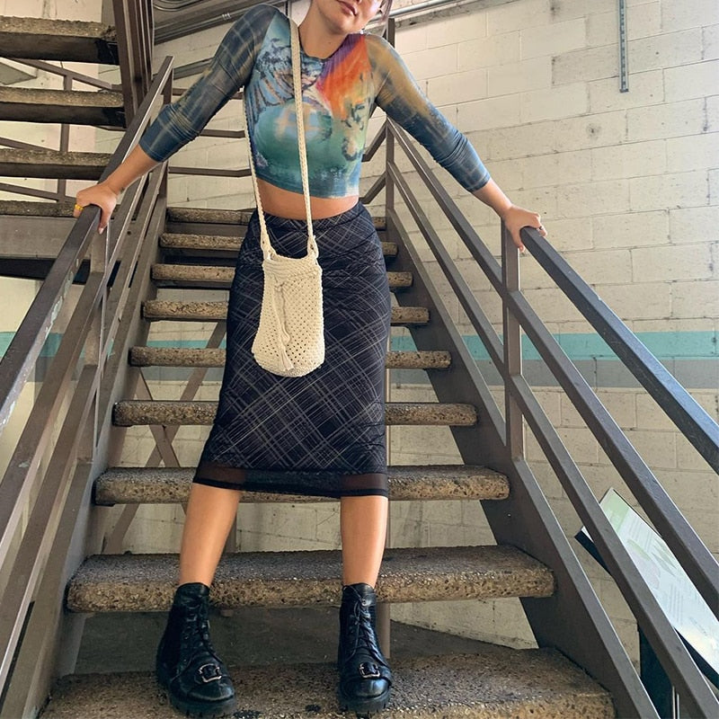 Grunge '90s Long Plaid Skirt