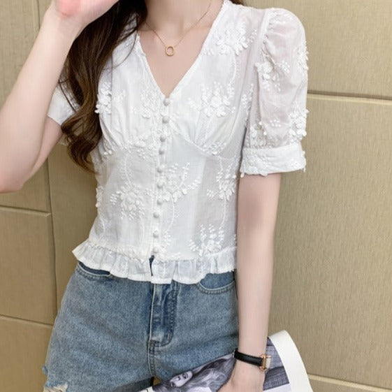 Button Front V-Neck Embroidered Top