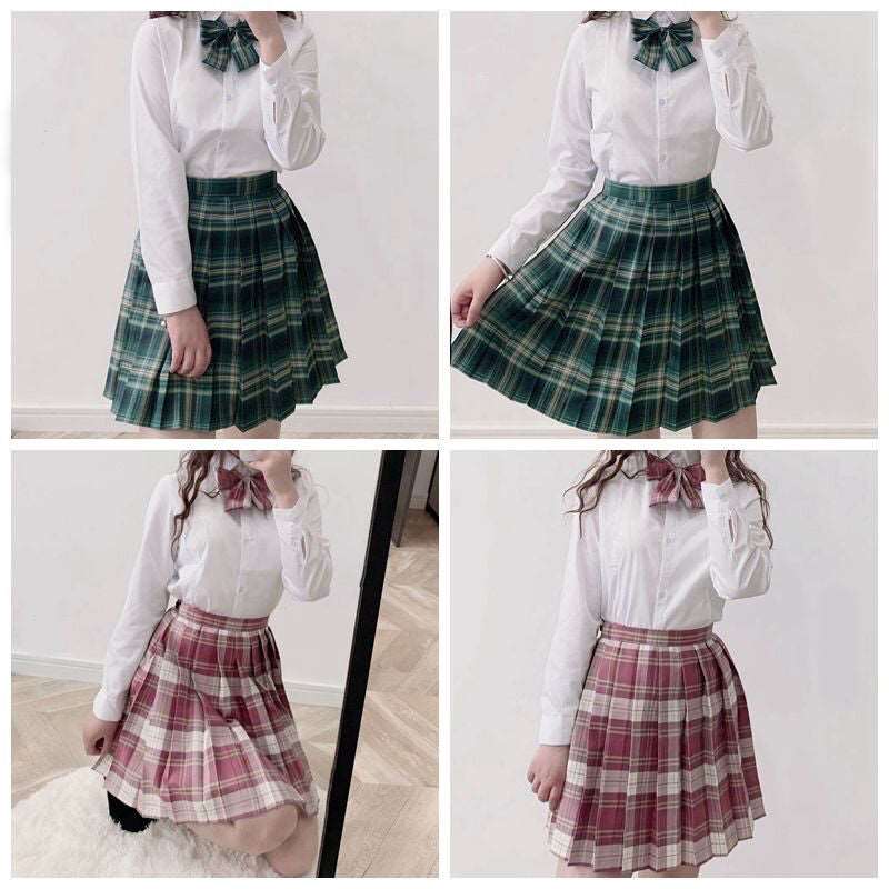 Dark-Style Plaid Pleated Skirt with Matching Bow