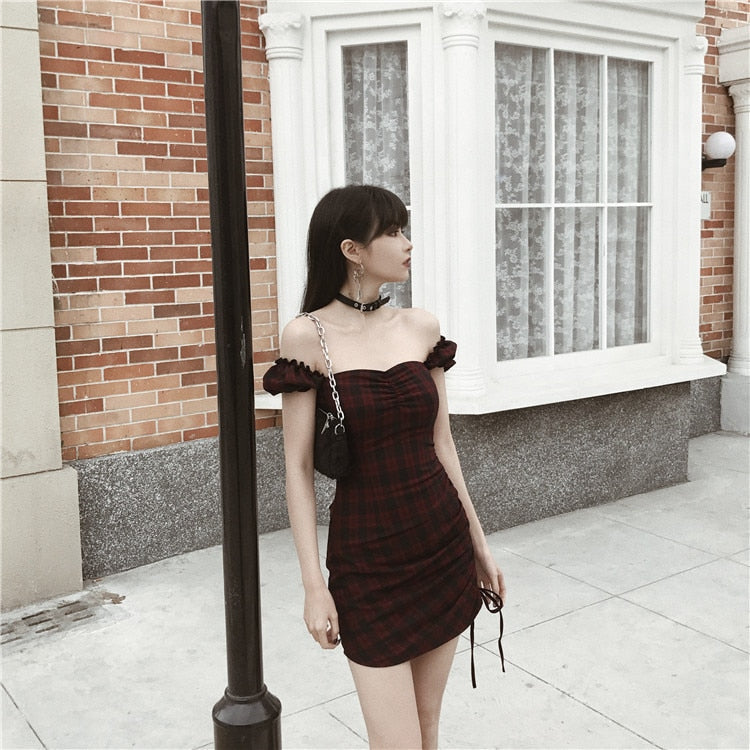 Off-Shoulder Plaid Tie Dress