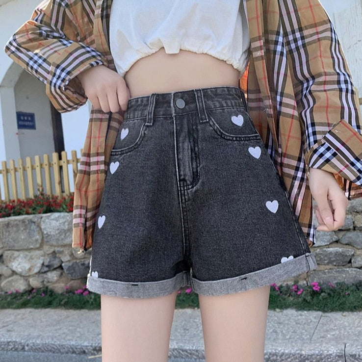 New Love Embroidered Denim Shorts