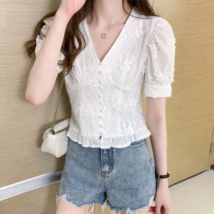 Button Front V-Neck Embroidered Top