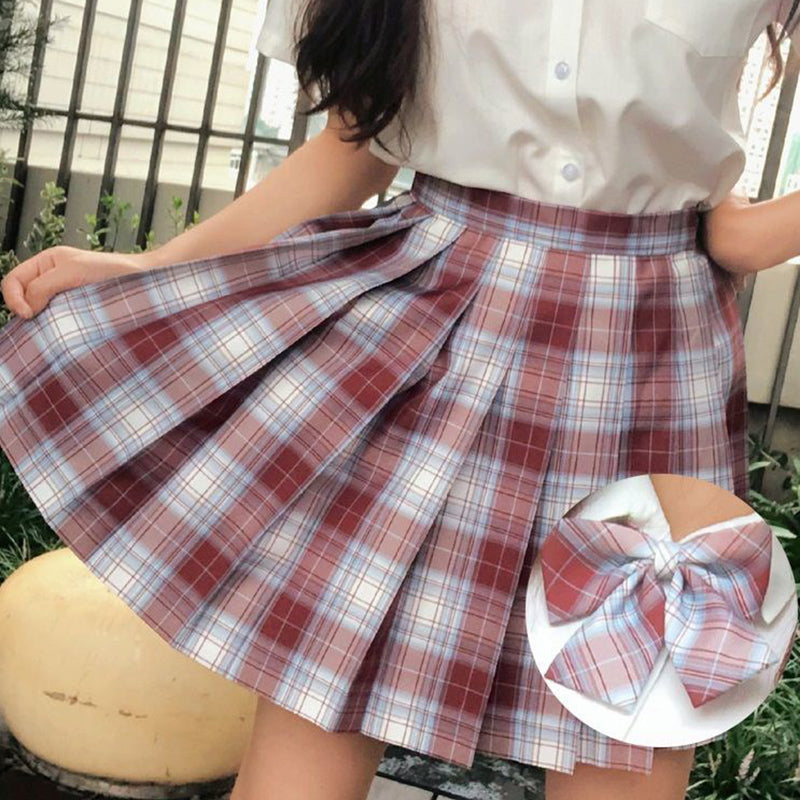 Light-Style Plaid Pleated Skirt with Matching Bow