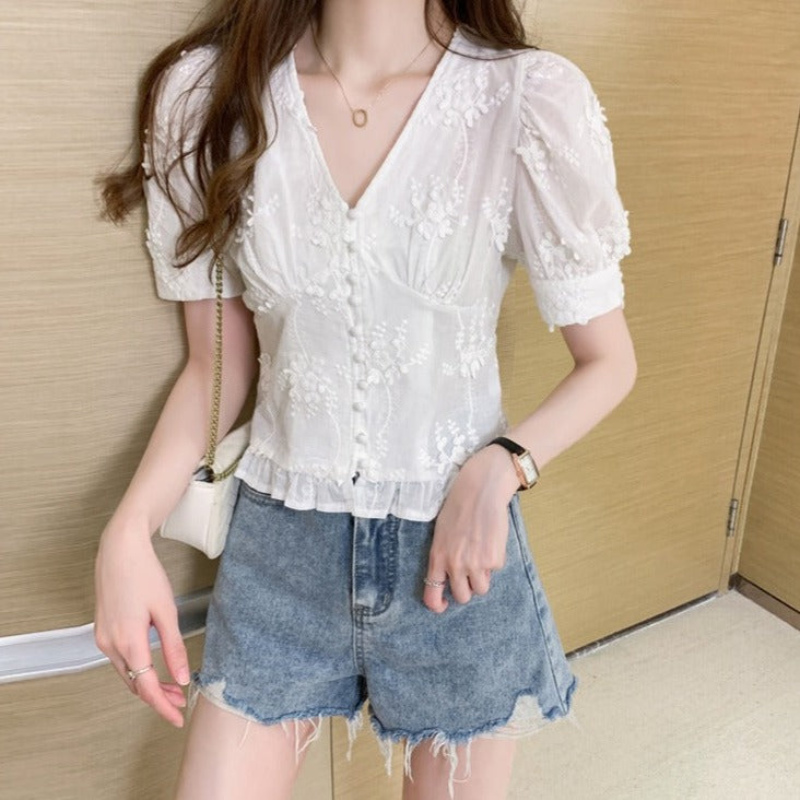 Button Front V-Neck Embroidered Top