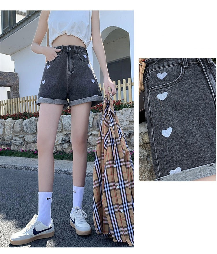 New Love Embroidered Denim Shorts