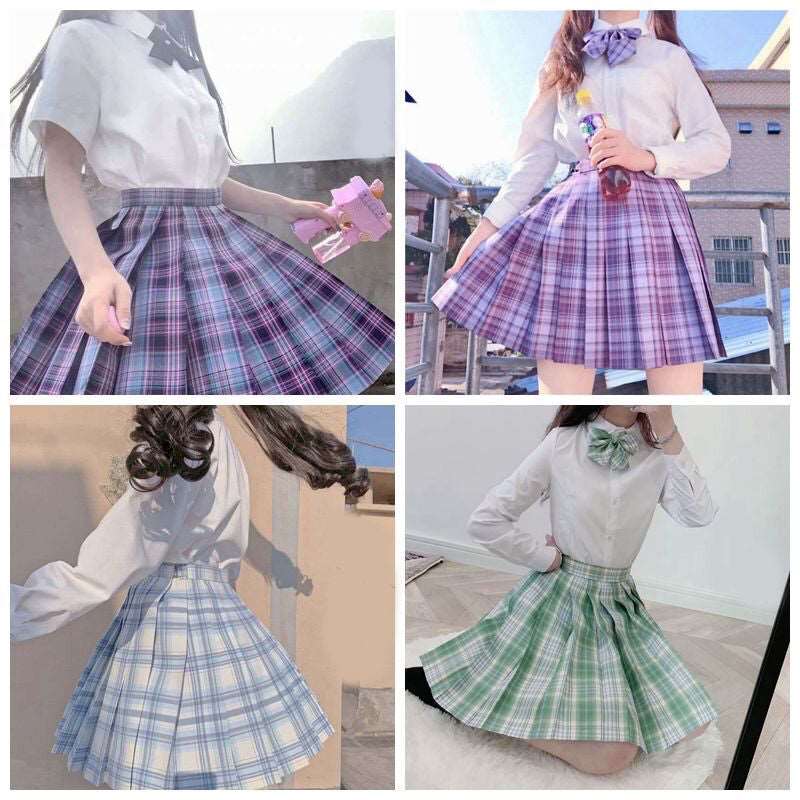 Dark-Style Plaid Pleated Skirt with Matching Bow