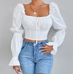 Ruched Bust Knot Gather Sleeve Crop Top