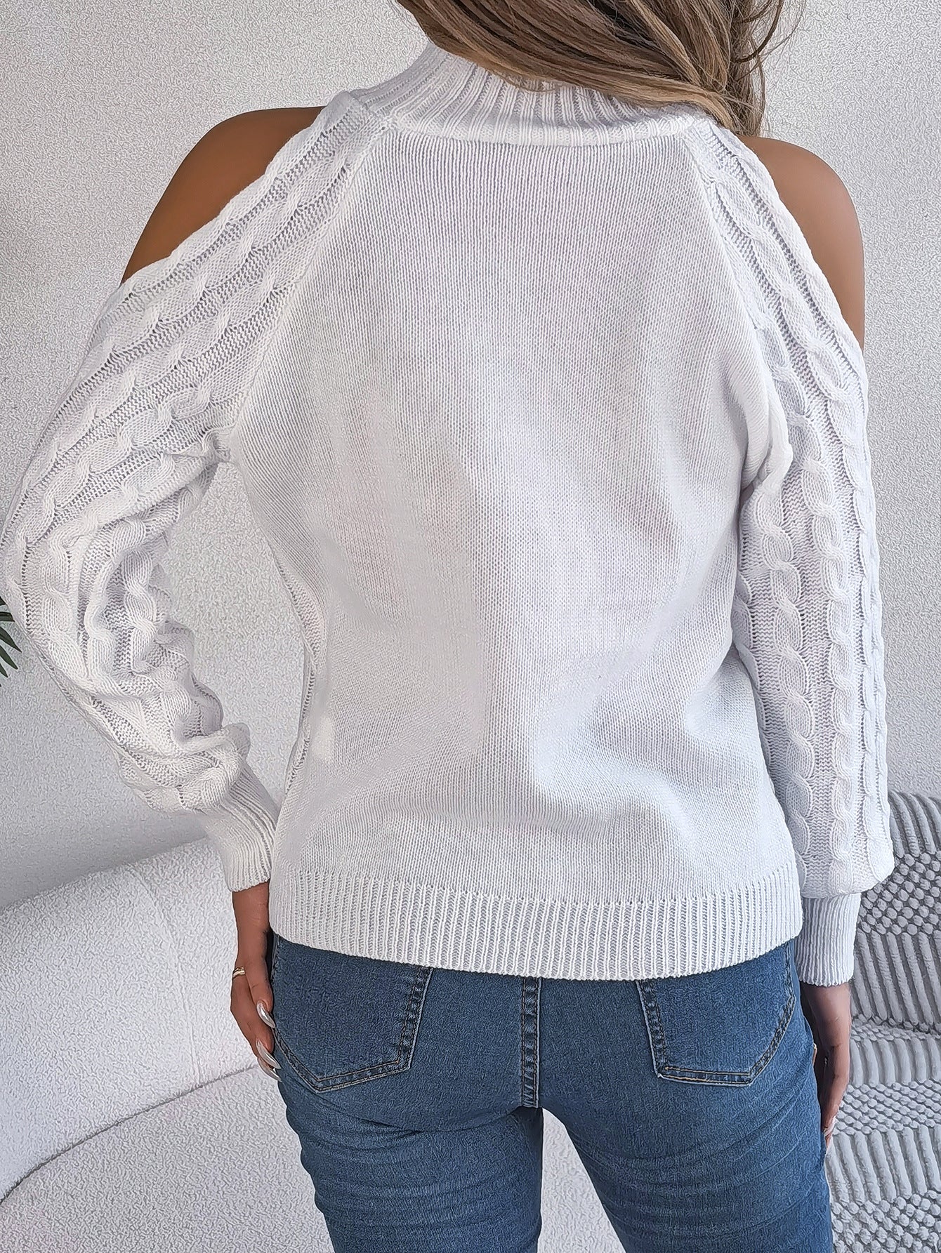 Women's Fashion Solid Color Off Shoulder Long Sleeve Top Knitted Turtleneck Pullover Sweater