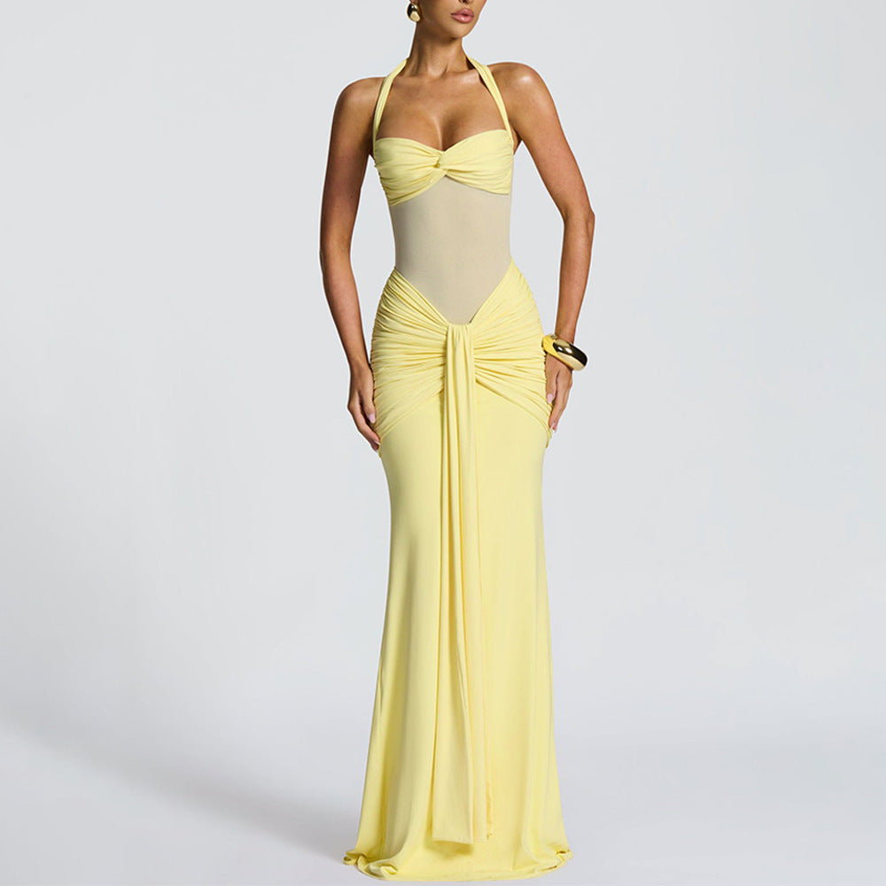 Sheer Mesh Halter Neck Ribbon Midi Dress