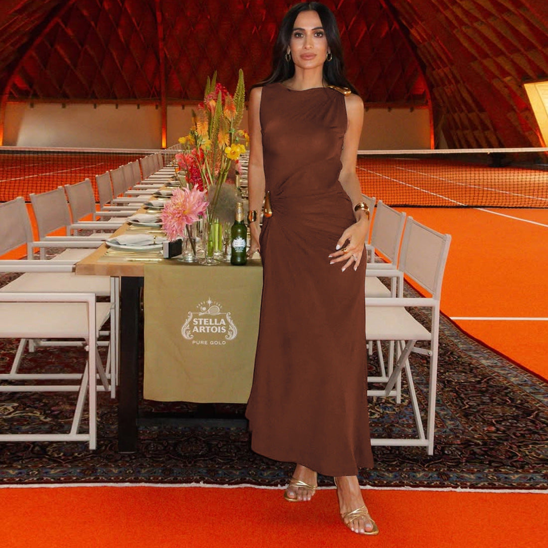 Metal Embellished Pleated Midi Dress