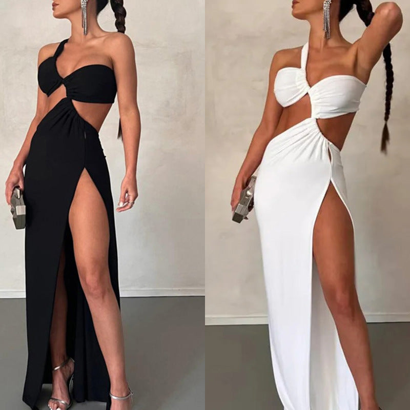 One shoulder exposed slit dress