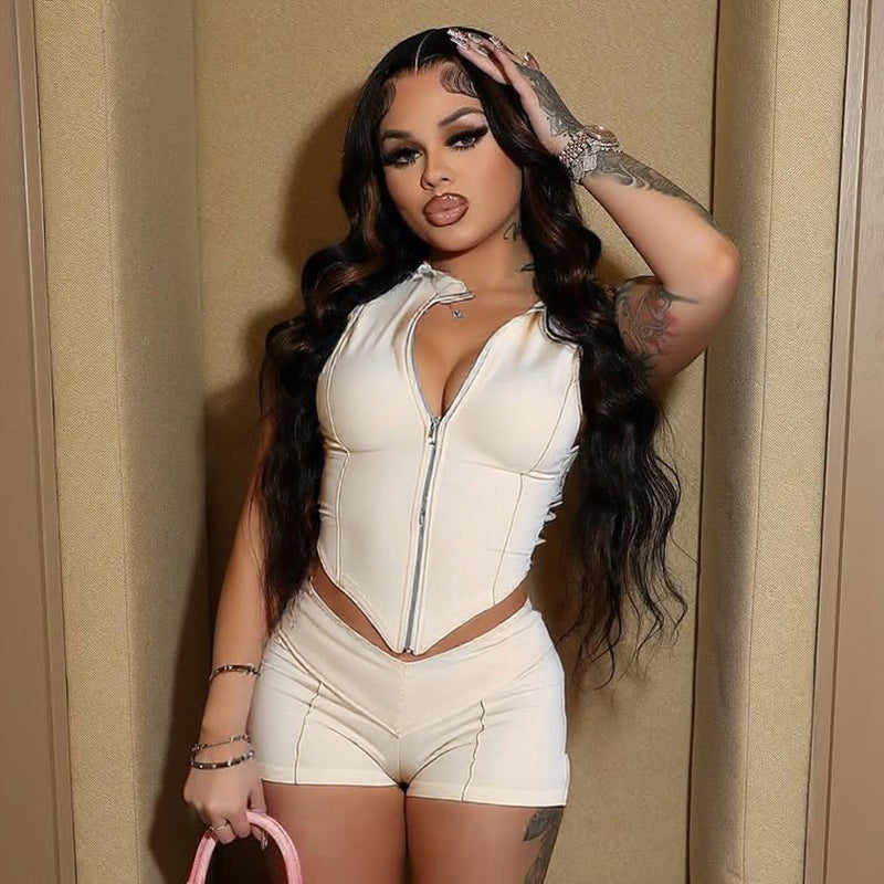 Lapel Zippered Navel High Waist Skinny Shorts Set