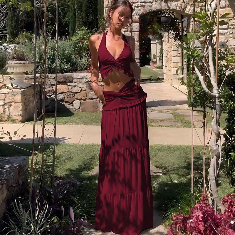 Cutout Pleated Halter Neck Midi Dress