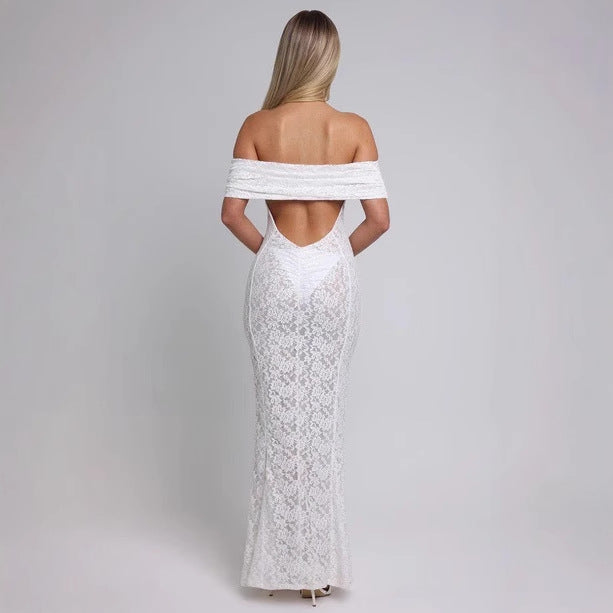 Cold Shoulder Backless Lace Midi Dress
