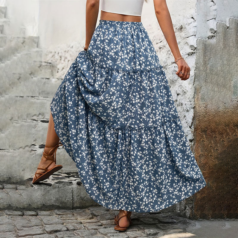 Small Floral Three-Layer Splicing Long Skirt