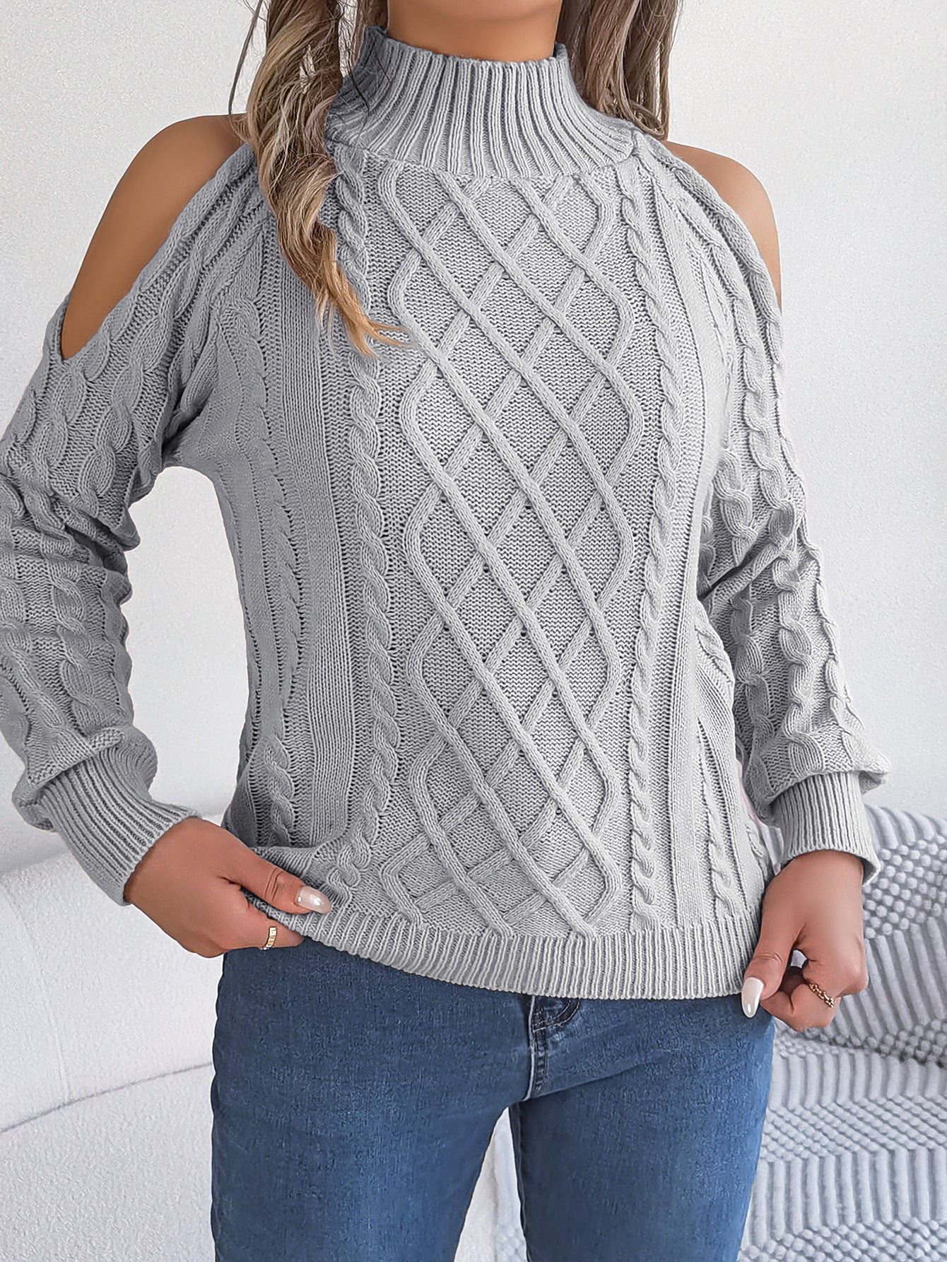 Women's Fashion Solid Color Off Shoulder Long Sleeve Top Knitted Turtleneck Pullover Sweater