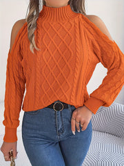 Women's Fashion Solid Color Off Shoulder Long Sleeve Top Knitted Turtleneck Pullover Sweater