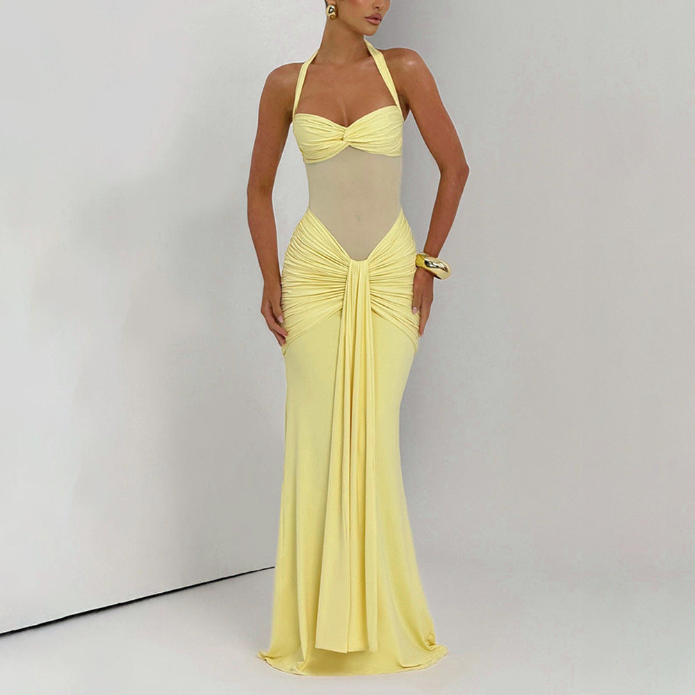 Sheer Mesh Halter Neck Ribbon Midi Dress