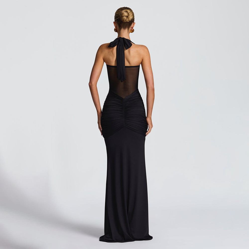 Sheer Mesh Halter Neck Ribbon Midi Dress