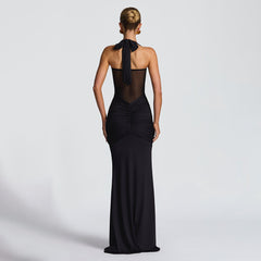 Sheer Mesh Halter Neck Ribbon Midi Dress