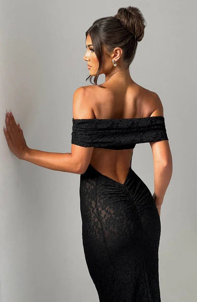 Cold Shoulder Backless Lace Midi Dress