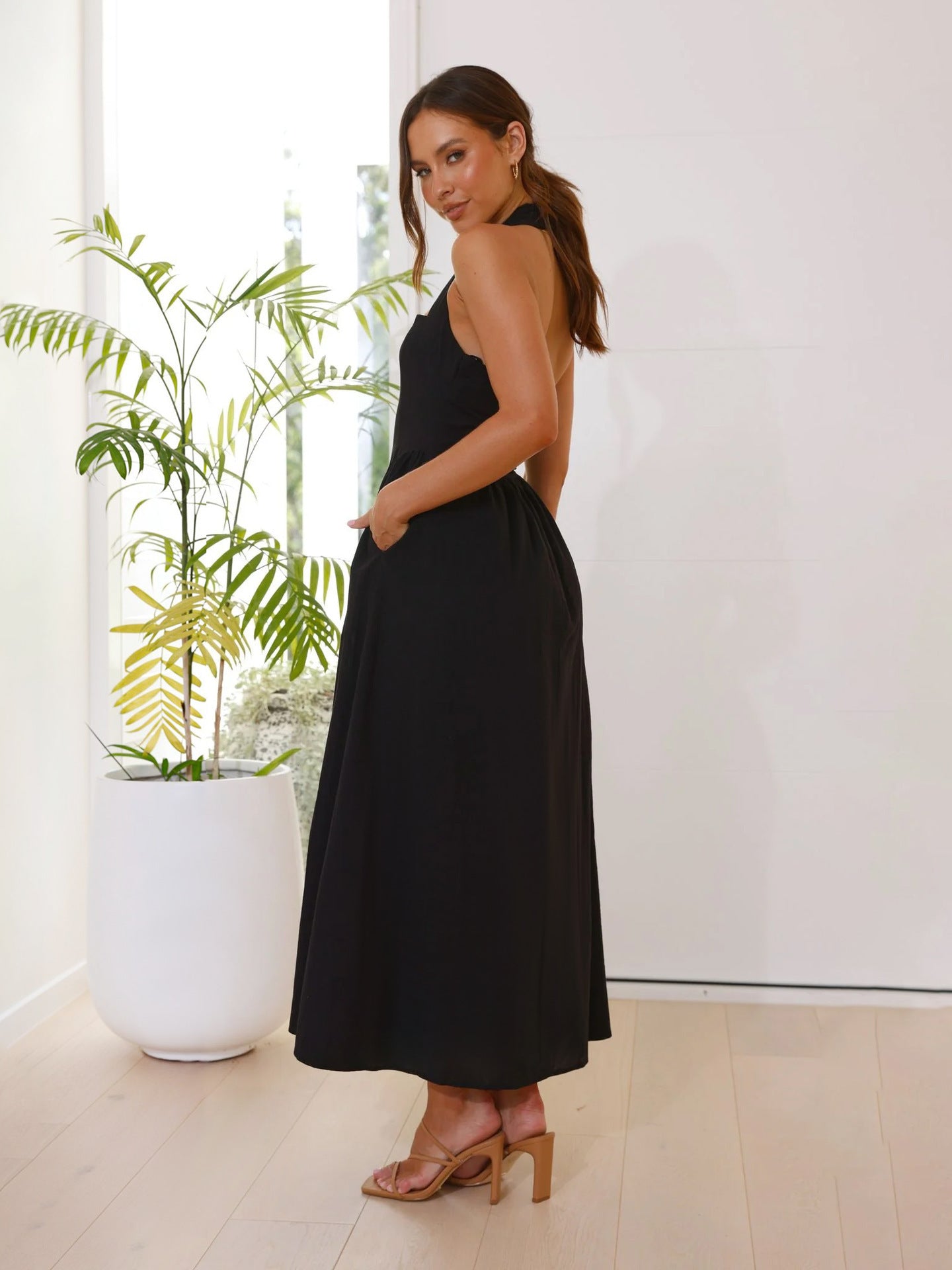 Square Neck Waist Halter Dress