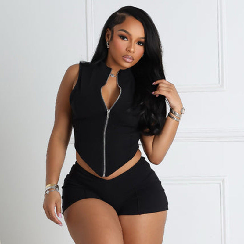 Lapel Zippered Navel High Waist Skinny Shorts Set