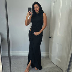 Metal Embellished Pleated Midi Dress