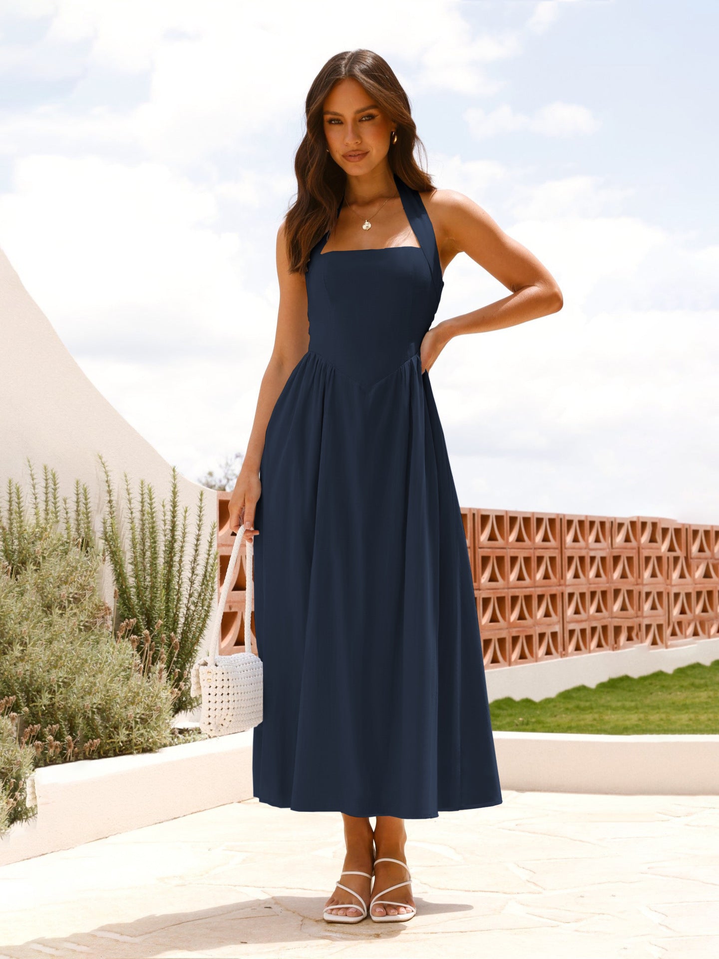 Square Neck Waist Halter Dress