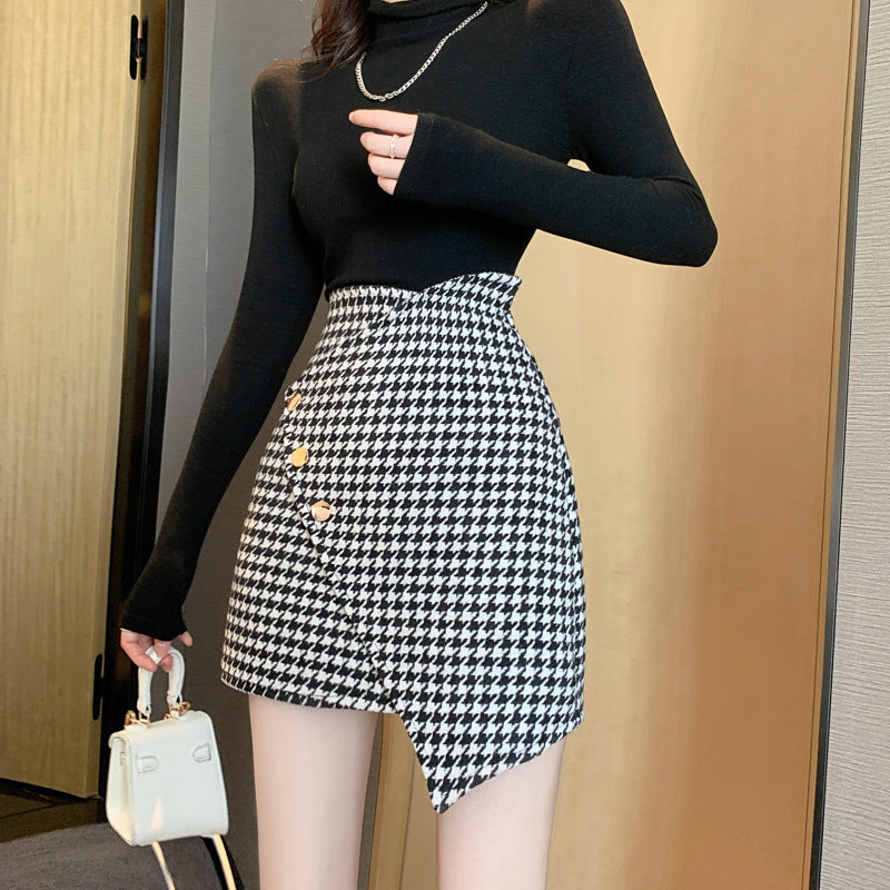 Houndstooth Print Button Detail Zip Back Bodycon Skirt
