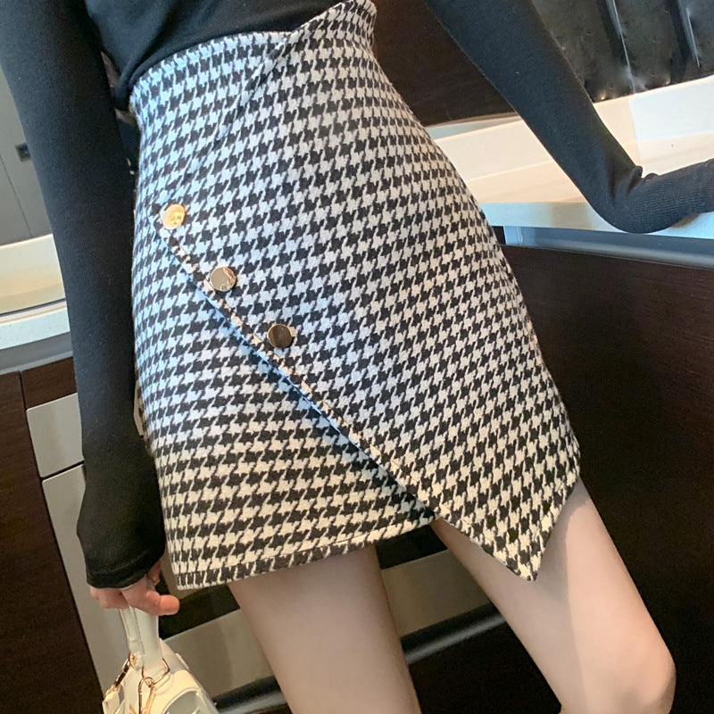 Houndstooth Print Button Detail Zip Back Bodycon Skirt