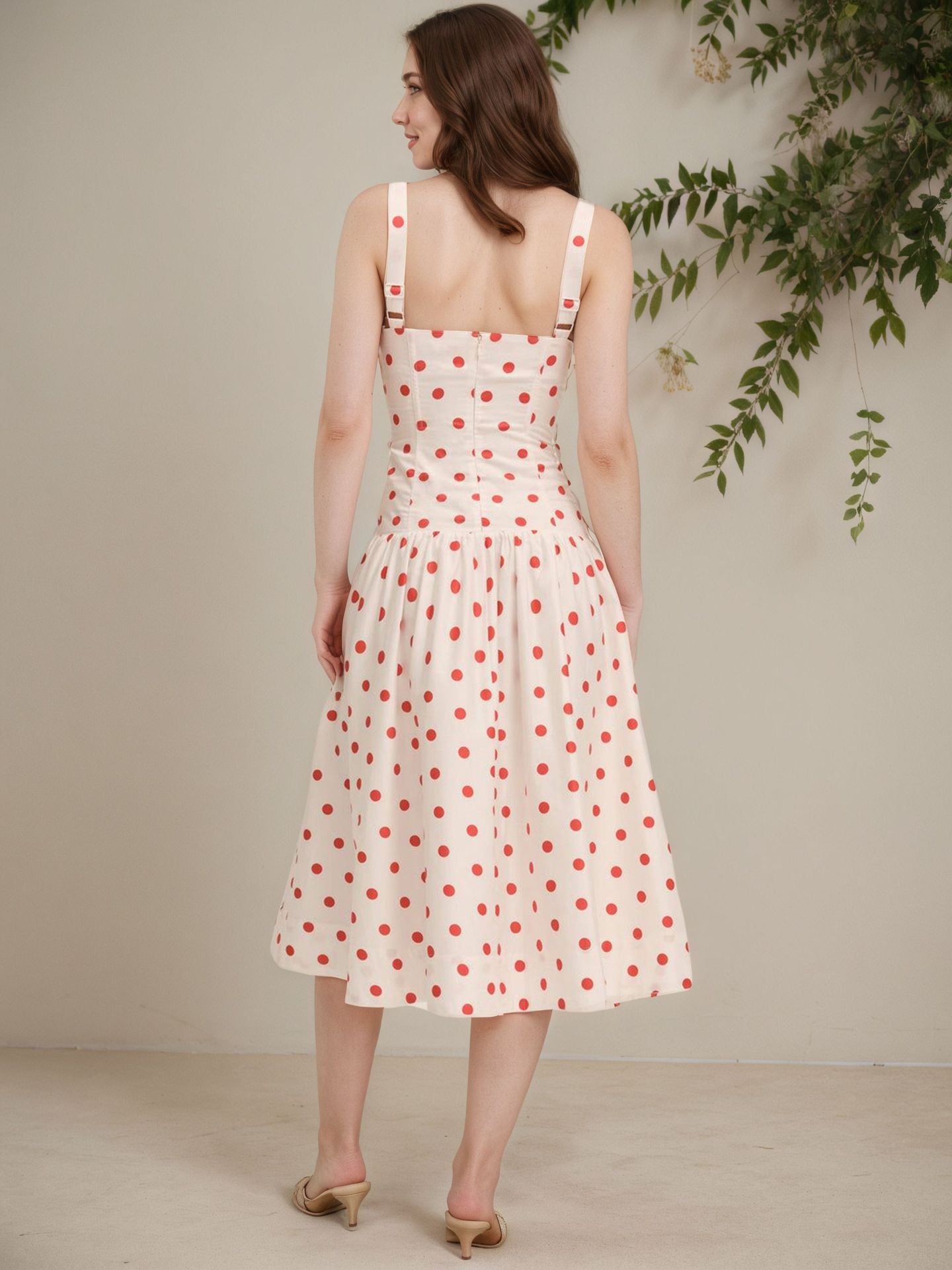 Halter Polka Dot Long Dress, Cinched Waist Dress
