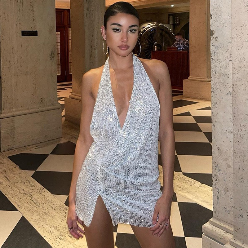 Sequined Halter Neck Slit  Dress
