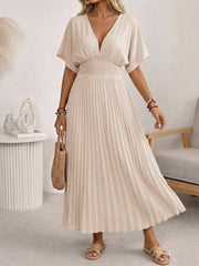 V-Neck Batball Sleeve Pleated Dress