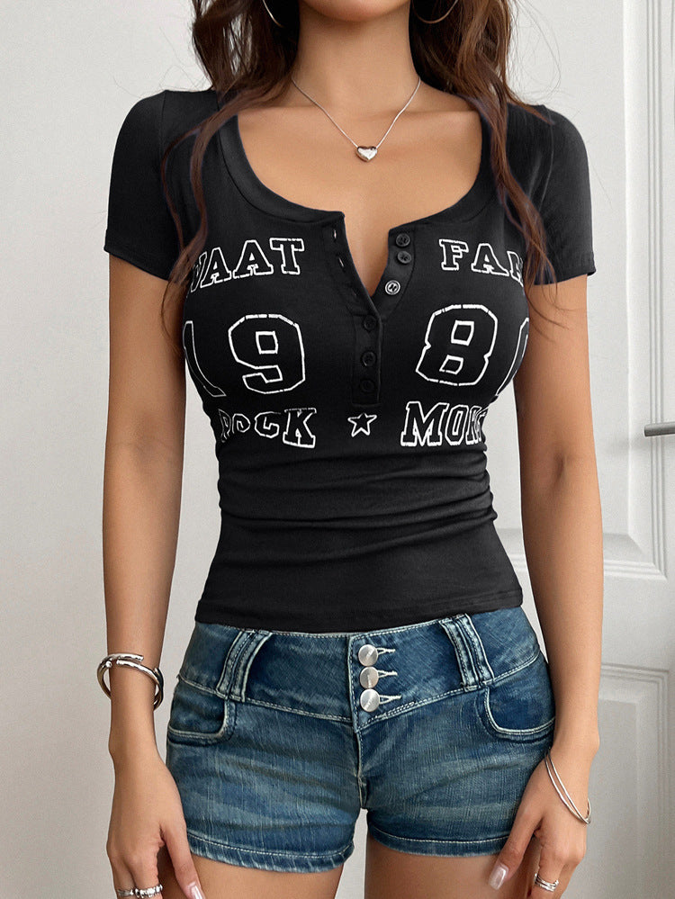 Letter Print Button V-Neck Short Sleeve