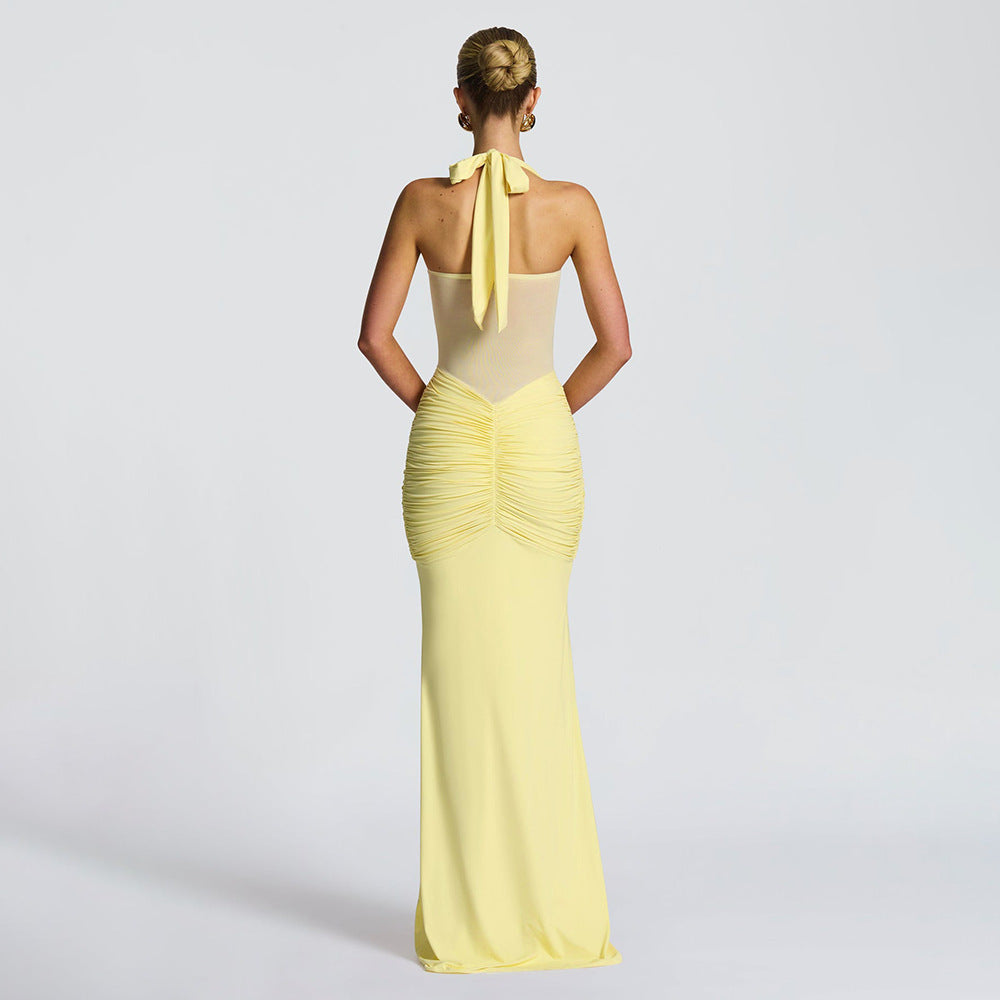 Sheer Mesh Halter Neck Ribbon Midi Dress