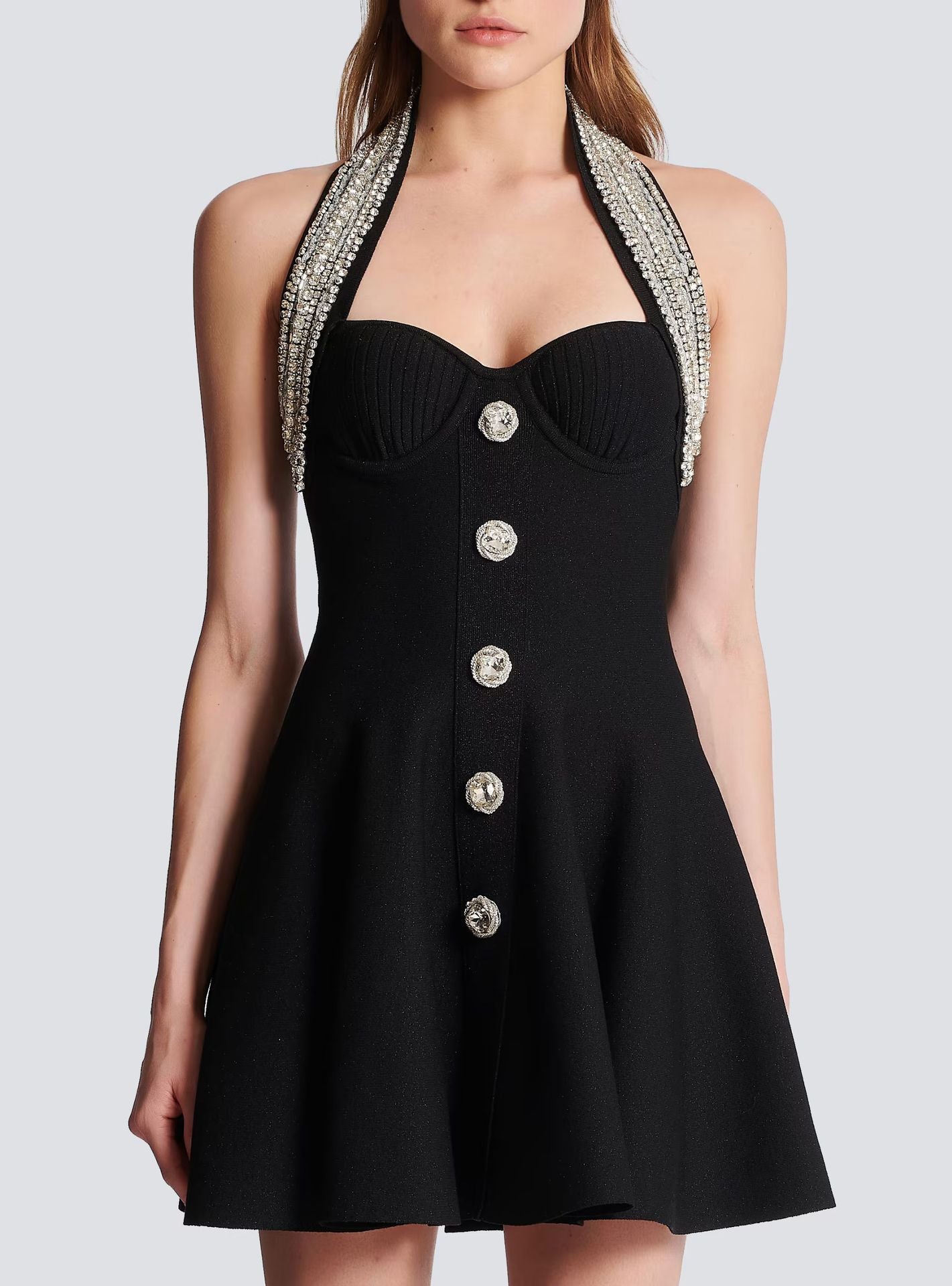 Halter Neck Rhinestone Single Breasted High Dress