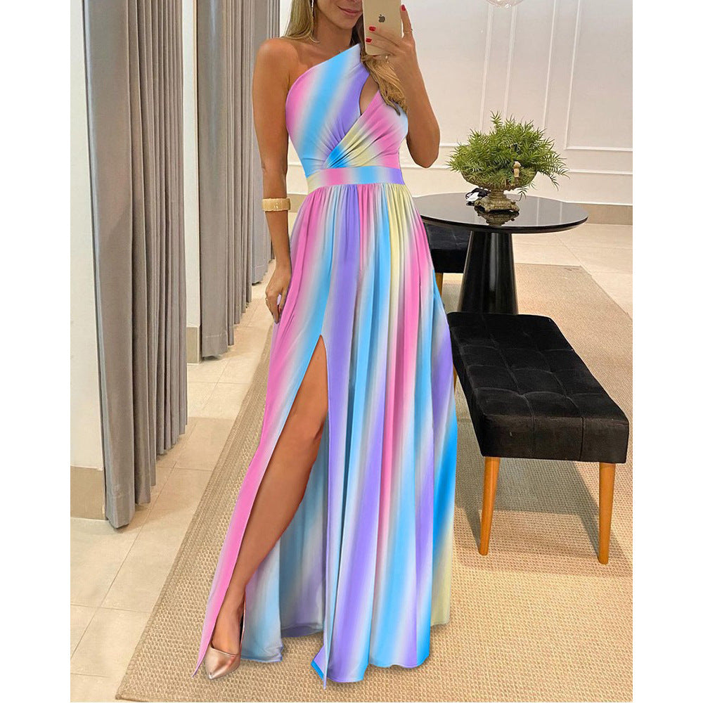 Slant Shoulder High Slit Elegant Maxi Dress