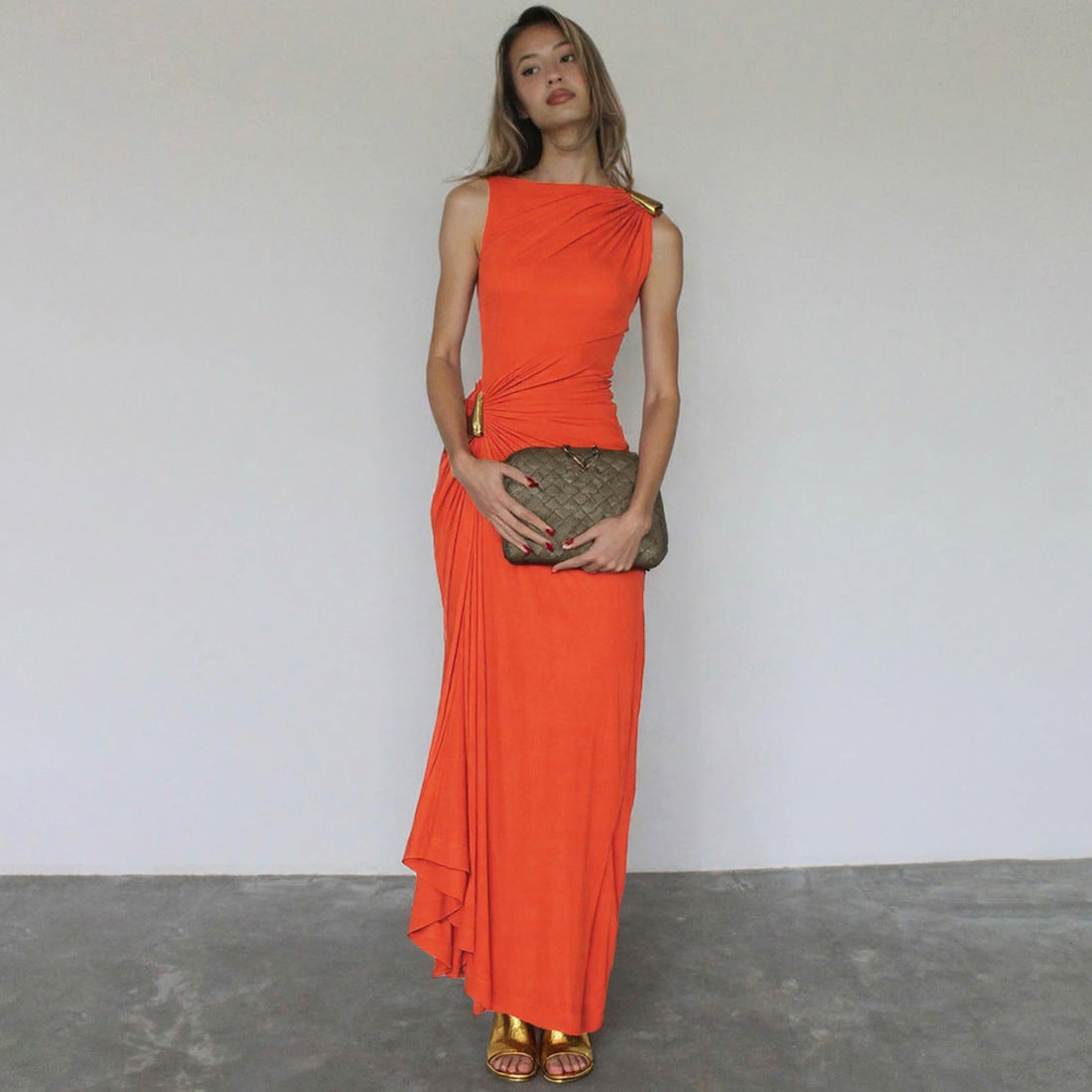 Metal Embellished Pleated Midi Dress