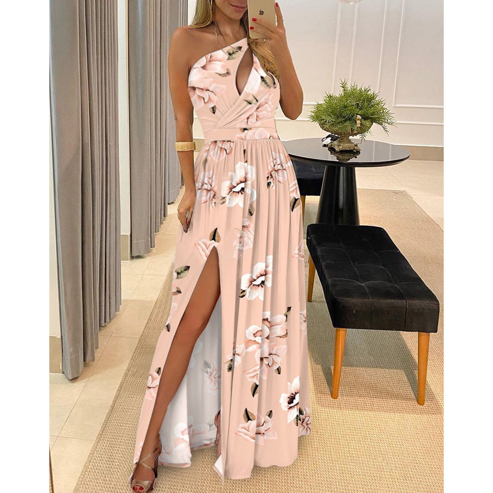 Slant Shoulder High Slit Elegant Maxi Dress