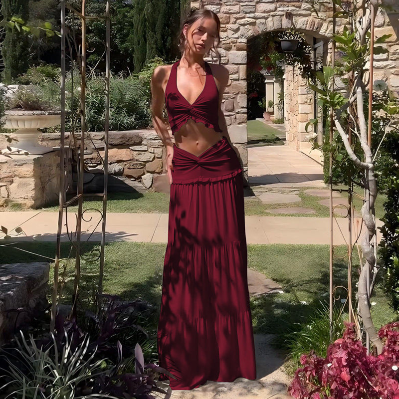 Cutout Pleated Halter Neck Midi Dress