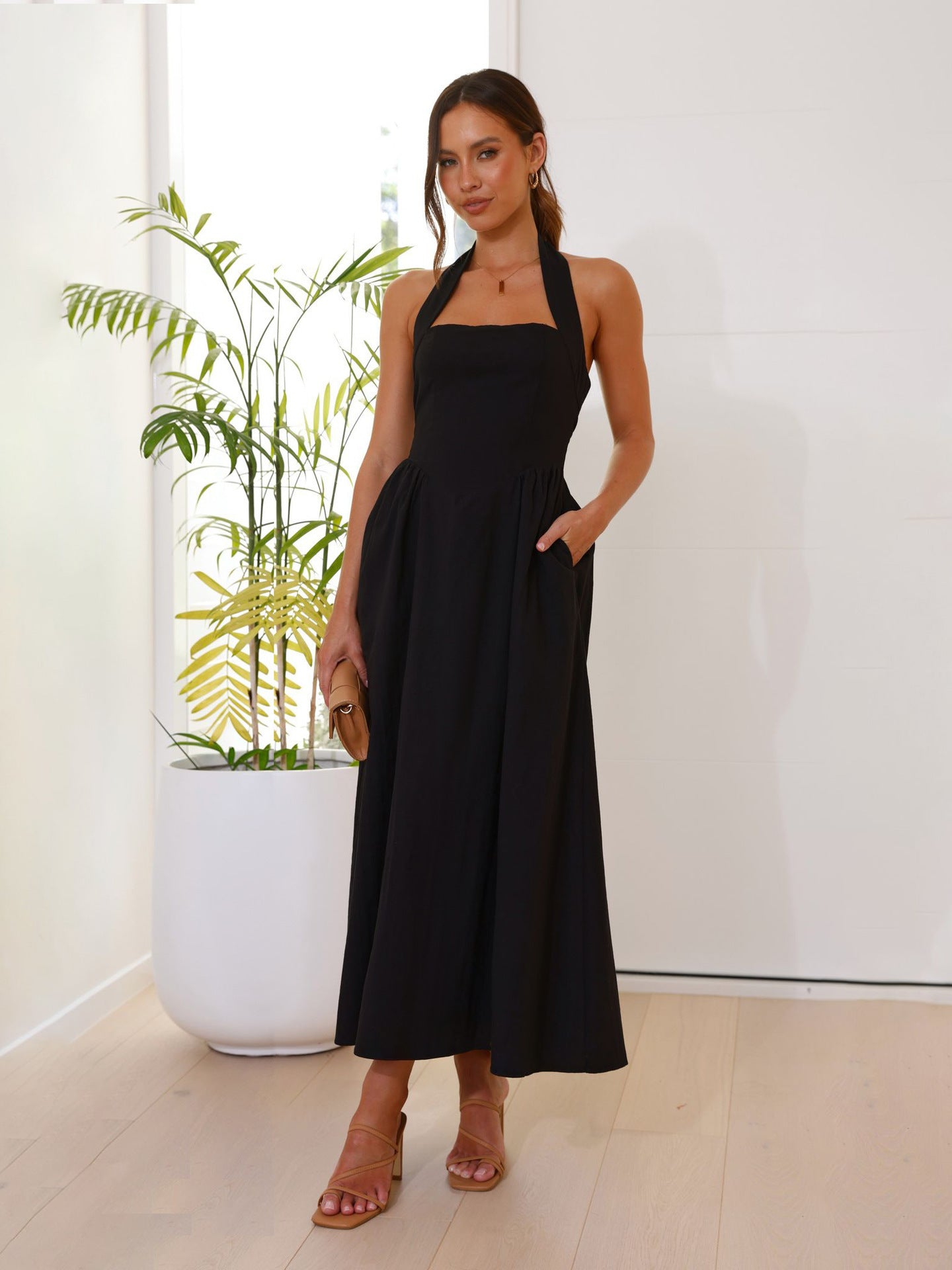 Square Neck Waist Halter Dress