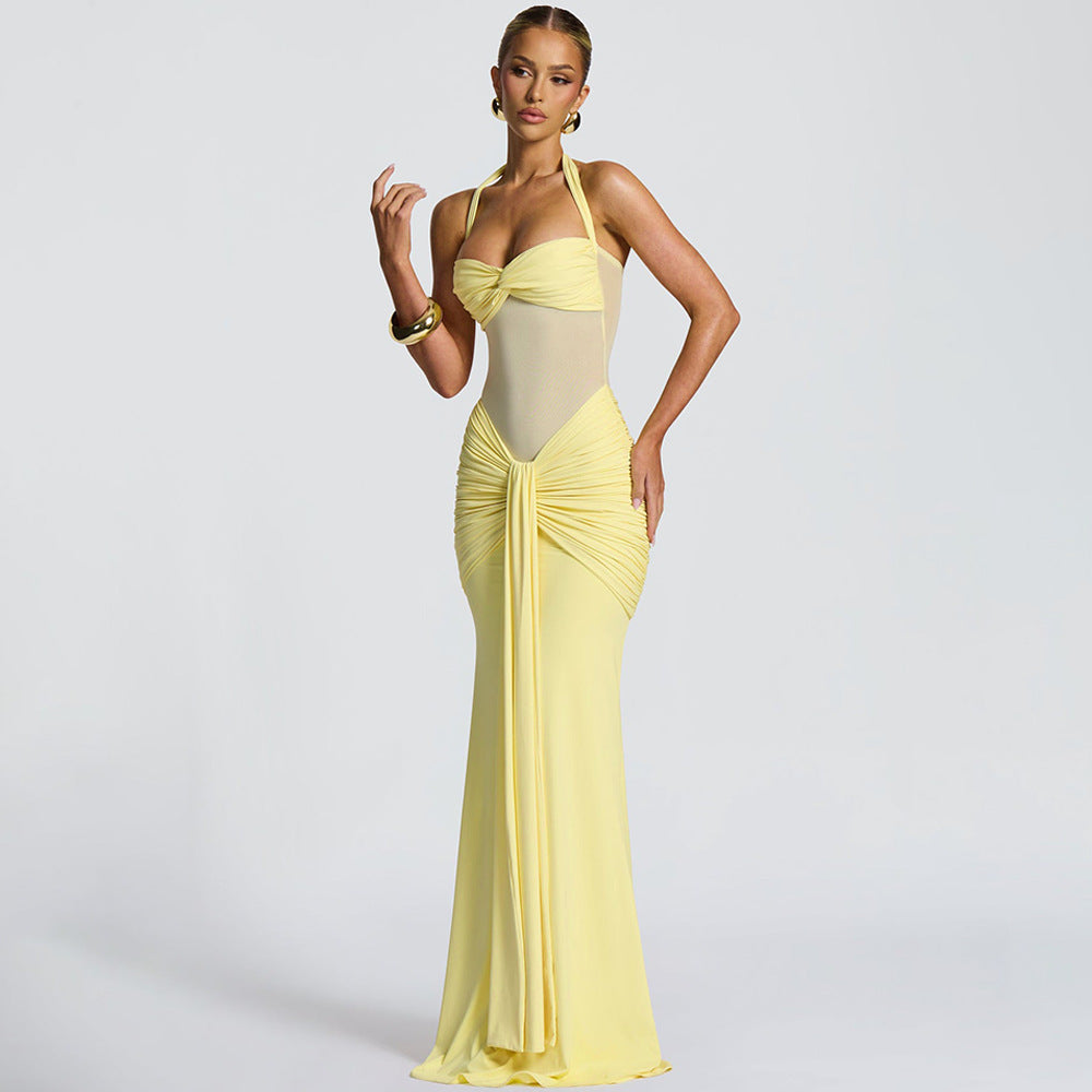 Sheer Mesh Halter Neck Ribbon Midi Dress
