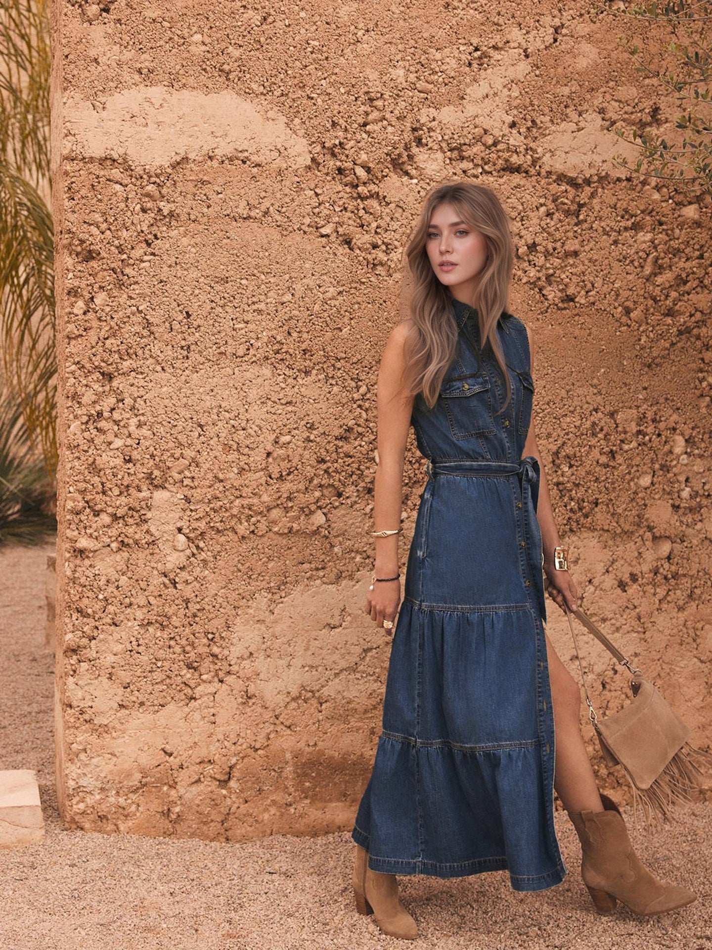 Blue Denim Single-Breasted Multi-Button Long Dress