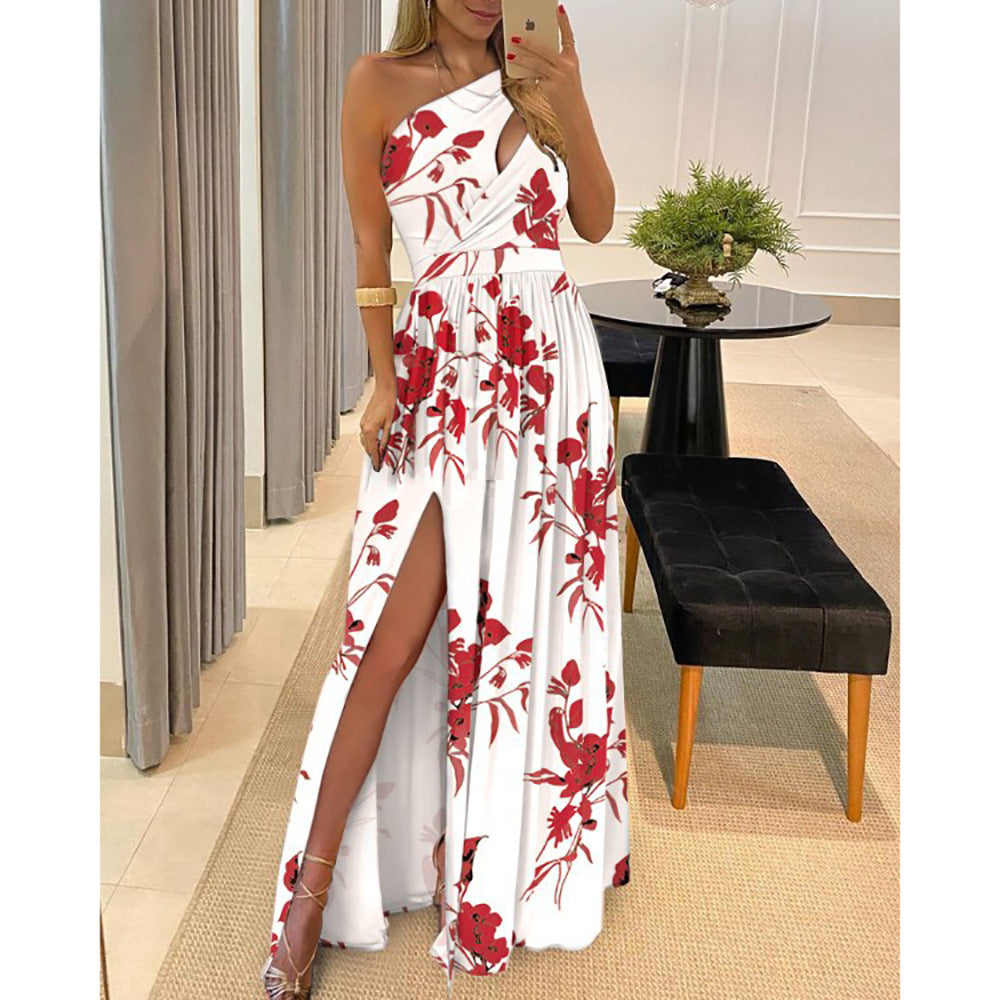 Slant Shoulder High Slit Elegant Maxi Dress