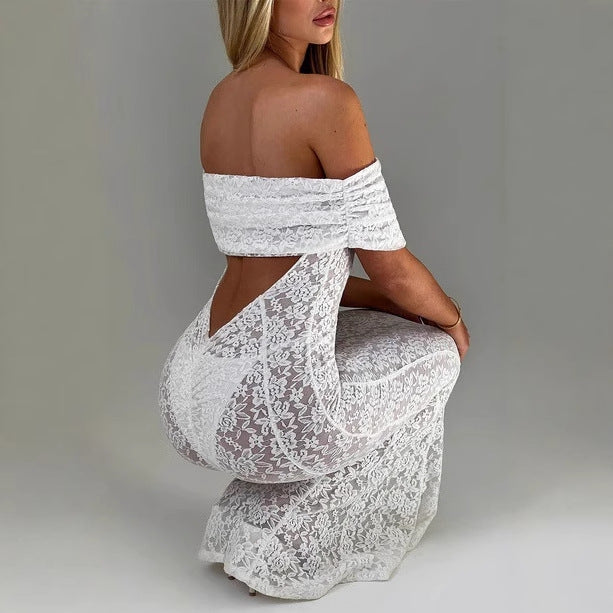 Cold Shoulder Backless Lace Midi Dress